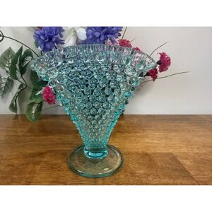 Vintage‎ Aqua Hobnail Fan Vase Pedestal Display Glass MCM Decor Retro Holiday